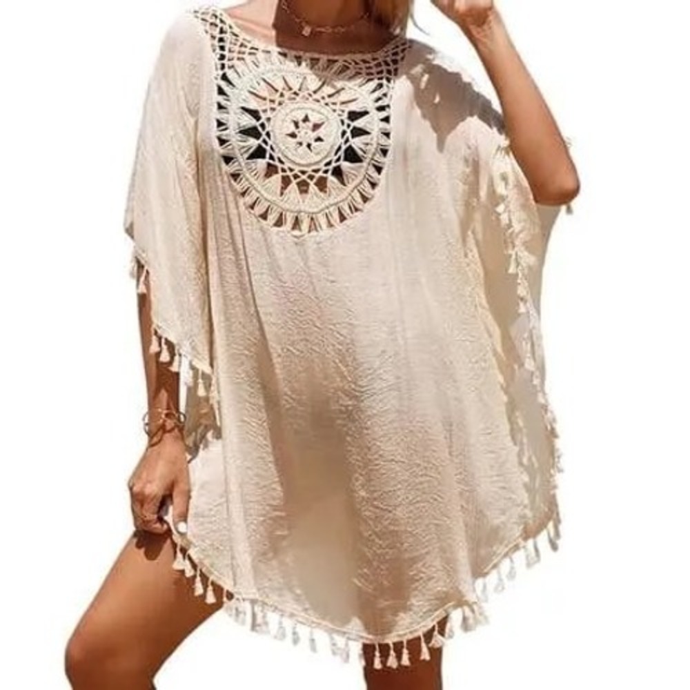 LA Class Crochet Swim Cover Up Women‎ S/M White Excellent Boho Fringe Crepe 7335